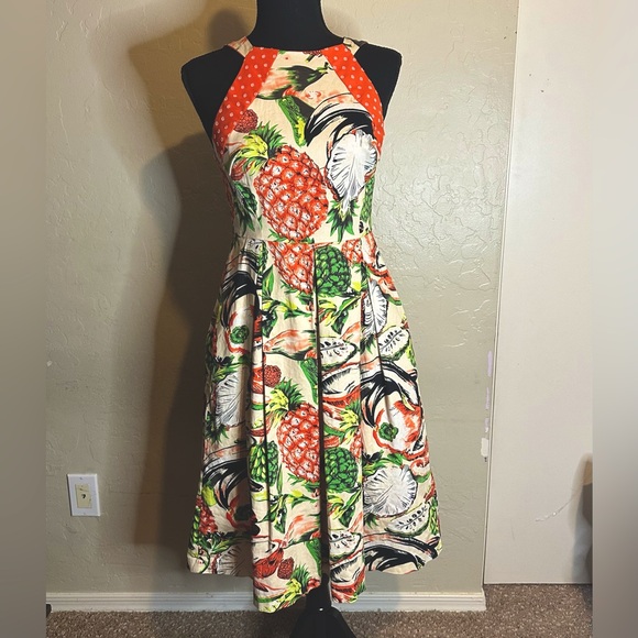 Eva Franco Dresses & Skirts - Anthropologie Pineapple Dress 4P Halter Cut Out Lined w/pockets Pinup Rockabilly